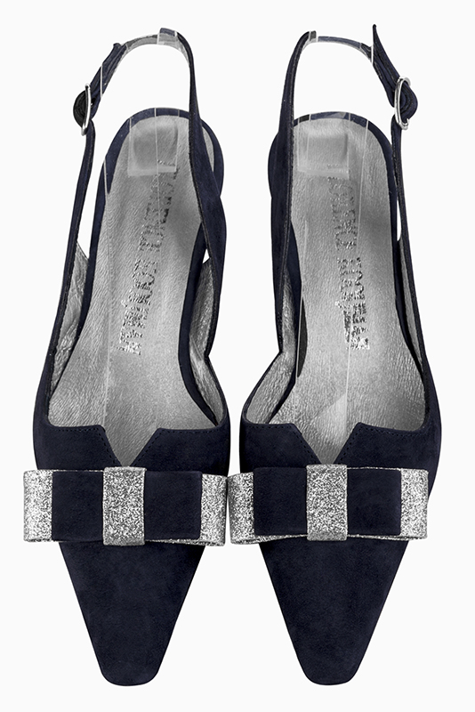 Navy blue women's open back shoes, with a knot. Tapered toe. Medium spool heels. Top view - Florence KOOIJMAN
